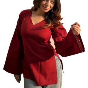 ANNI Designer Short Kurti for Women Latest Solid Design | V Neck Full Sleeve Kurti Tops for Women | Stylish Kurtis & Short Kurtis for Woman | Casual Kurti with Jeans | Kurtas for Woman
