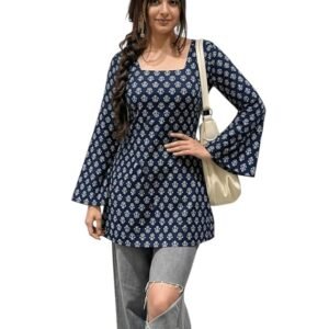 SONISHA Women's Rayon Floral Print Short Kurti for Women Elegance Square Neck, Long Sleeves with Style Criss Cross Back Kurti, Top for Office Wear, Casual, Outdoor